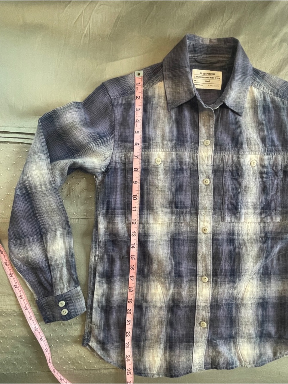 REI Women’s Navy Plaid Button Front Shirt Hemp & Cotton size XSmall - Picture 9 of 13